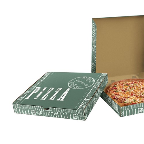 Pizzakartong well 33x33x3,5cm v/b grön m tryck 100st/fp