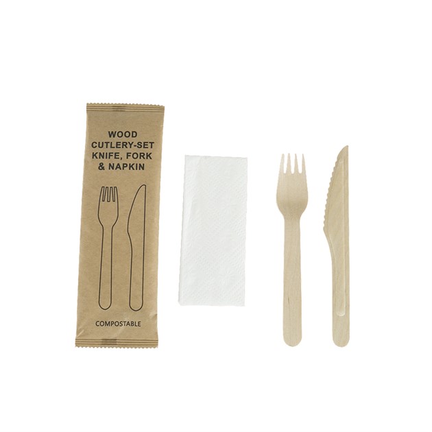 Bestickset trä kniv/gaffel samt servett 125x5set/p